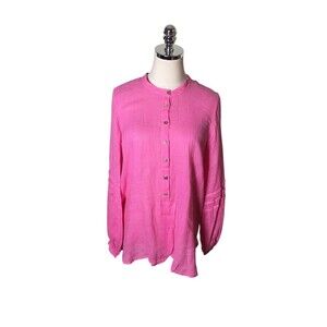 Click CMC Top Women's Size Large Pink Button Up Long Sleeve 100% Linen